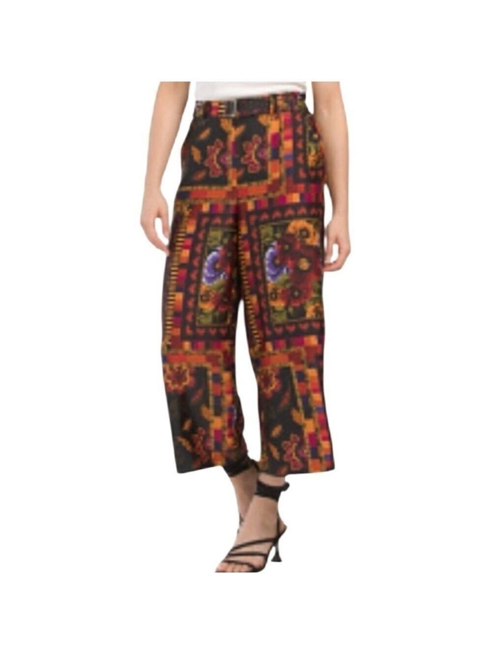 Joie Women's Satin Wide Leg Cropped Multicolored Belted Pants - size Large